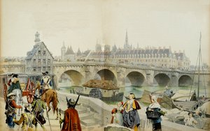 Histoire de France : Exilée au château de Blois par son fils Louis XIII, Marie de Médicis (1575-1642) et sa suite quittent Paris en 1617. Illustration de Maurice Leloir (1853-1940) dans « Richelieu » - Maurice Leloir