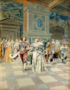 Histoire de France : George Villiers, duc de Buckingham (1592-1628) à la cour de France, semant ses perles sous les pas des courtisans - Maurice Leloir
