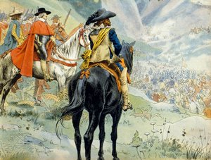 Histoire de France : Guerre de la Succession de Mantoue (1628-1631) pendant la guerre de Trente Ans. La bataille du Pas de Suze (Suse) représentant le roi Louis XIII (1601-1643) et le cardinal Richelieu (Armand Jean du Plessis) - Maurice Leloir