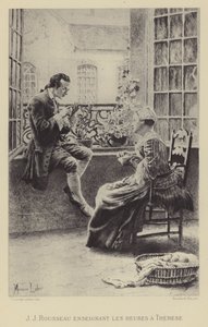 Jean-Jacques Rousseau enseignant les heures à Thérèse (gravure) - Maurice Leloir