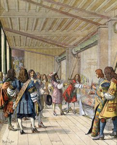 Le peintre Charles Lebrun (1619-1690), directeur de la manufacture, explique à Louis XIV, connu sous le nom de Roi-Soleil - Maurice Leloir
