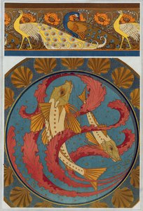 Dessins pour la bordure de paon et de pavot, et assiette en émail avec décoration de grondins et d