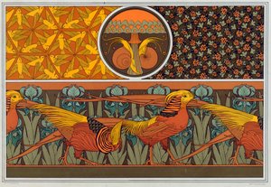 Dessins pour bordure de papier peint et tissu : Oiseaux, coccinelles et fougère capillaire, pub. 1897