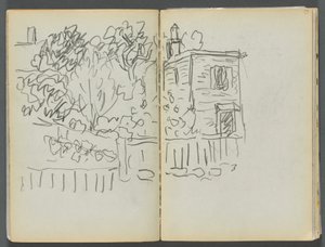Sketchbook- The Granite Shore Hotel, Rockport, page 054  55 : Maison et jardin clôturé
