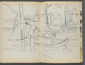 Sketchbook- The Granite Shore Hotel, Rockport, page 114 115 : Figures sur un voilier - Maurice Prendergast