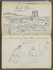 Sketchbook- The Granite Shore Hotel, Rockport, page 124  125 : Phare de Rockport et personnages sur le rivage - Maurice Prendergast