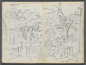 Carnet de croquis, The Dells, N° 127, page 084  85 : Paysage avec maisons et flèche - Maurice Prendergast