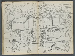 Sketchbook, The Dells, N° 127, page 114  115 : Paysage avec figures et bâtiments - Maurice Prendergast