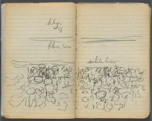 Sketchbook, page 046  47 : Vue de la plage avec des notations de couleur
