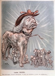 Caricature de Louise Michel en chien « race terre-neuve, sans récompense, a passé son existence à sauver les malheureux » - Maurice Radiguet