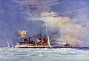 HMAS Sydney, commandé par le capitaine John Glossop, attaquant le croiseur allemand Emden, Bataille des Cocos, 9 novembre 1914
