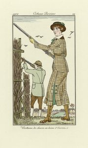Conception pour un costume de tir en tweed pour dames, tiré de Costumes Parisien, pub.1912 (pochoir)