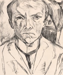 Autoportrait de face avec pignon de maison à l