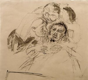 Infirmière et figure masculine, penchées sur un malade - Max Beckmann