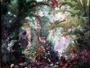Décor pour le spectacle « Parsifal » de Richard Wagner : le jardin de Klingsor. Scénographie de Bruckner 1882. Musée Wagner, Bayreuth.