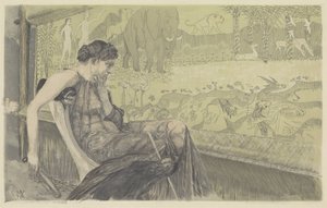 Pénélope regarde son métier à tisser, perdue dans ses pensées - Max Klinger