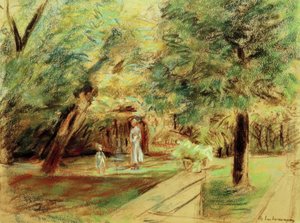 Petite-fille avec nourrice devant les jardins de haies