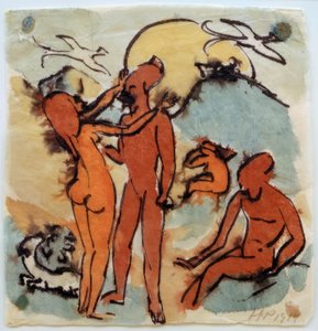 Scène de baignade avec des oiseaux timoniers - Max Pechstein