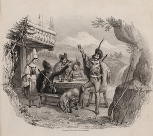 Chasseurs dans les montagnes buvant dans une taverne (gravure)