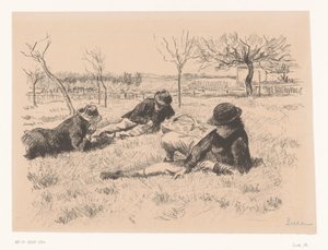 Trois hommes se reposant dans un pré