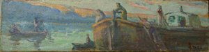 Paysage fluvial avec barge et bateaux - Maximilien Luce