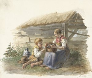 Fille et garçon avec un panier de jeunes oiseaux - Maximilienne Guyon