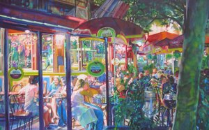 Un café animé en soirée