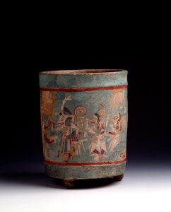 Art précolombien, civilisation maya, période classique : vase cylindrique en argile polychrome décoré d