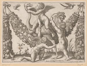 Trois putti et une autruche (série Tapisseries du pape, Tapezzerie de Papa)