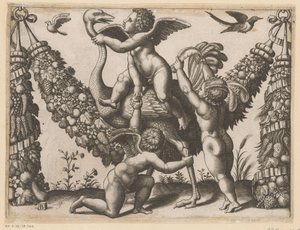 Trois putti et une autruche (Tapisserie du pape)