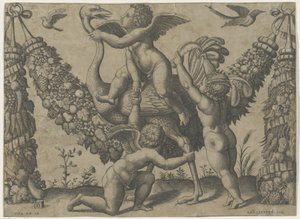 Trois putti avec une autruche