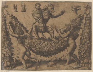 Putti ridiculisant un singe - Meester van de Dobbelsteen