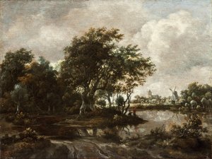 Paysage avec pêcheurs à la ligne et une ville au loin - Meindert Hobbema