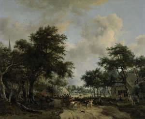 Paysage boisé avec joyeux compagnons dans une charrette