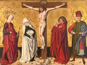 Christ en croix entre les saints Marie et Jean, Catherine et Sébastien - Meister von Großgmain