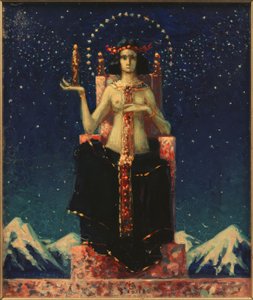 Figure féminine allégorique devant un paysage nocturne de l