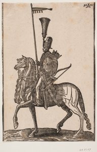 Soldat à cheval, profil vers la gauche; lance avec fanion, arc à côté, bouclier circulaire, carquois; coiffe avec plume - Melchior Lorck