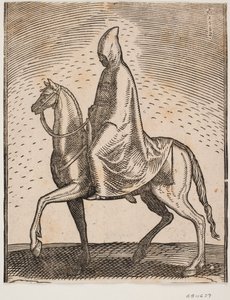Cavalier portant un manteau et un chapeau, profil vers la gauche; sous son manteau, une épée peut être aperçue