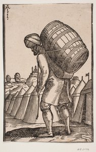 Homme portant un tonneau sur le dos, dans un campement - Melchior Lorck