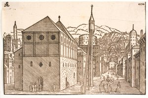 Mosquée avec un minaret indépendant avec escalier extérieur - Melchior Lorck