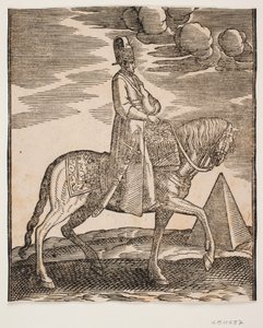 Cavalier avec une flasque autour du cou, profil vers la droite; une épée à son côté droit et des bagages devant lui, drapés sur la selle; à droite, en arrière-plan, une pyramide - Melchior Lorck