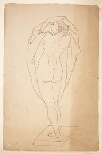 Femme dénudée de dos avec un drap dans les bras
