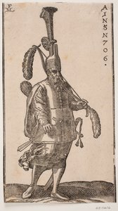 Soldat debout, tourné vers la droite; coiffure avec une très haute plume droite; dans la main gauche, un arc avec de grandes plumes aux deux extrémités; dans la main droite, une flèche; sur son dos, un carquois et à son côté, une épée - Melchior Lorck