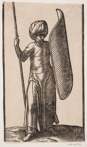 Soldat en turban debout, vu de face; dans sa main droite, une lance; sur son bras gauche, un bouclier courbé - Melchior Lorck