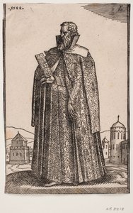 Ambassadeur debout en costume européen (vénitien ?), profil 3/4 vers la gauche ; tenant un étui à lettres dans la main droite - Melchior Lorck