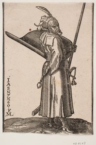 Soldat debout (akinci), profil vers la droite; dans la main droite une massue, dans la main gauche une lance dont la pointe dépasse la ligne de cadre supérieure; sur le bras gauche un bouclier tourné vers le haut, à gauche une épée - Melchior Lorck