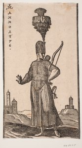 Soldat debout, vu de face, la tête tournée vers la droite; il porte un arc sur son bras gauche, un carquois sur le dos et une épée à son côté gauche; il tend coquettement son bras droit en arrière; en arrière-plan à droite et à gauche, deux bâtiments resse - Melchior Lorck