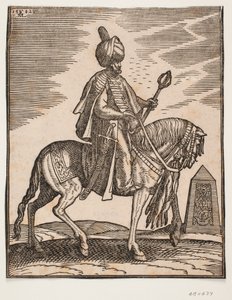 Cavalier en turban avec une épée à sa droite et une massue de guerre dans sa main gauche, profil vers la droite; en arrière-plan, un obélisque - Melchior Lorck