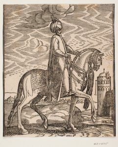Cavalier en turban, avec une massue pendue au côté droit du cheval; profil vers la droite; sur le côté droit de l