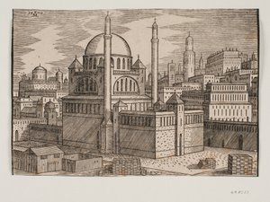 Mosquée non identifiée avec 2 minarets, vue du nord-est; au premier plan, chantier avec des pierres empilées